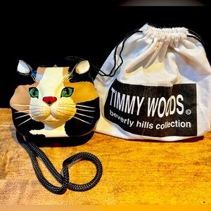 Original Timmy WOODS of Beverly Hills (WOODEN) Cat Purse w/bag 7”W 6”T 5”D